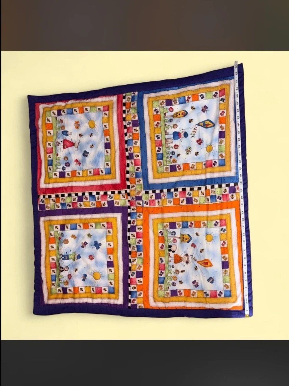 Handmade Four Square Lap Quilt/ Kids Play Mat w/ Scenes and a Colorful Border